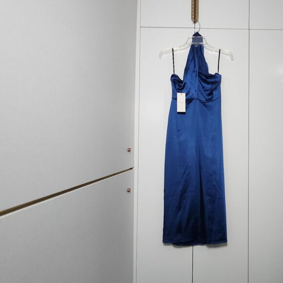 Club L London Steffie Navy Asymmetric Satin Midi Dress Size 2 - Picture 4 of 9